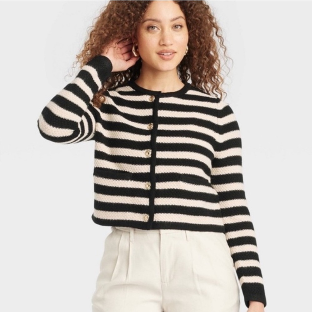 Striped Black and White Women's cardigan Sweater with gold buttons